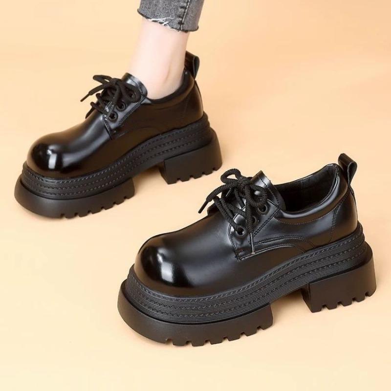 Women's Thick Sole Heeled Laced  Korean Style Loafers 2025 Spring Autumn New Design British Fashion Lace Up Shoes