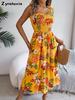 Floral Tie-Up Waist Ruched Strap Dress - Vacation Beach Maxi Dress for Women, Cutout Back Design, Bohemian Vintage Style