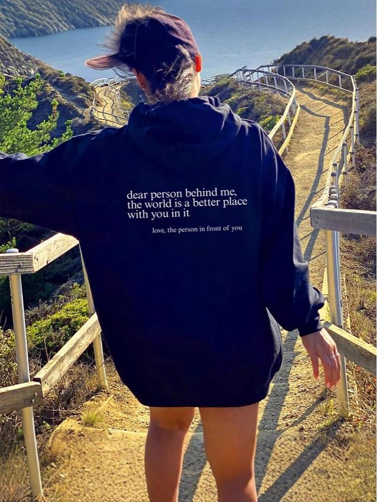 Damen Oversized Hoodie mit Fleece-Futter, Buchstaben-Slogan-Print, Kängurutasche und Kordelzug.