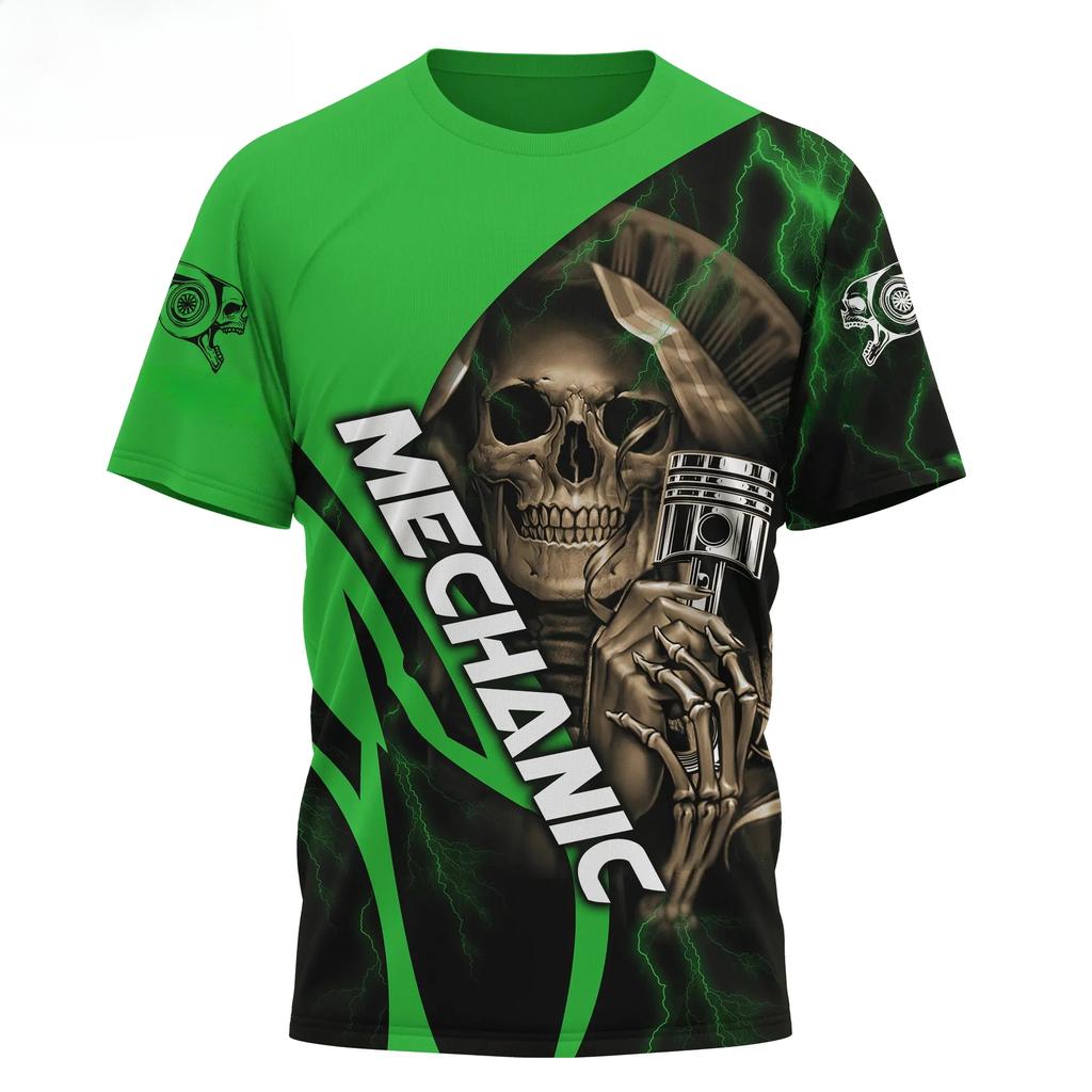 Letnie T-shirty męskie z okrągłym dekoltem, z nadrukiem 3D wzoru mechanicznej czaszki, modne, codzienne, z krótkim rękawem