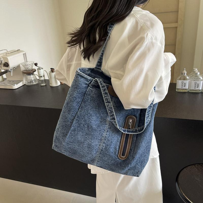 Damen-Umhängetasche mit großem Fassungsvermögen, Denim-Einkaufstasche, Schultasche