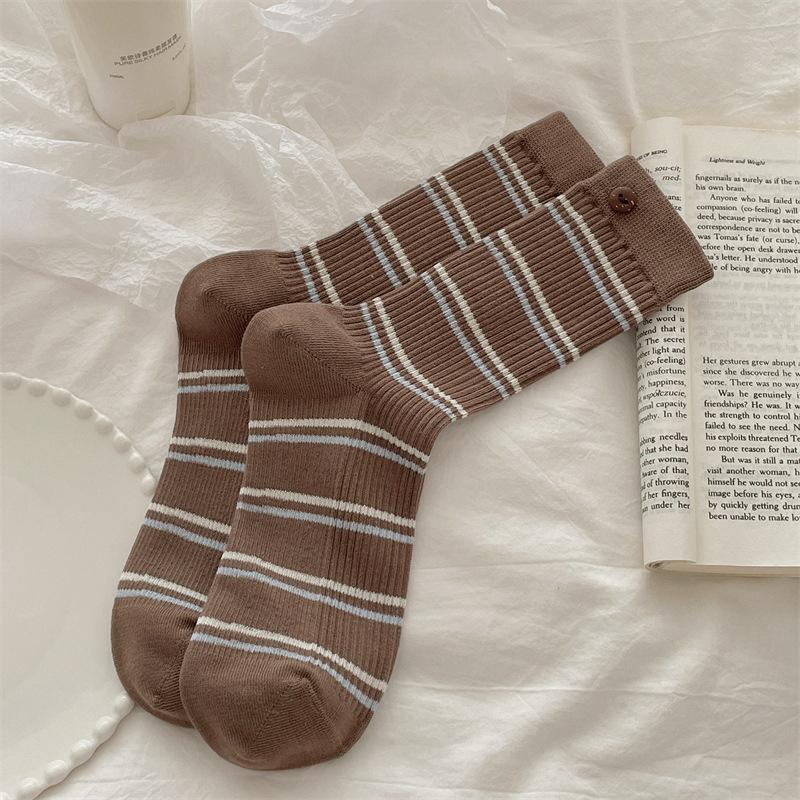 Autumn and Winter, Slightly Pressed Heel Button Pure Cotton Mid-calf Socks, Girls' School Style Pile Socks, Vertical Striped Long Calf Socks