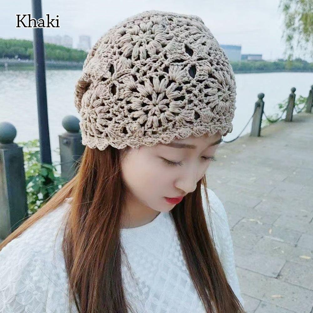 Bonnet tricoté creux à fleurs, pare-soleil respirant, Skullies, pour femme