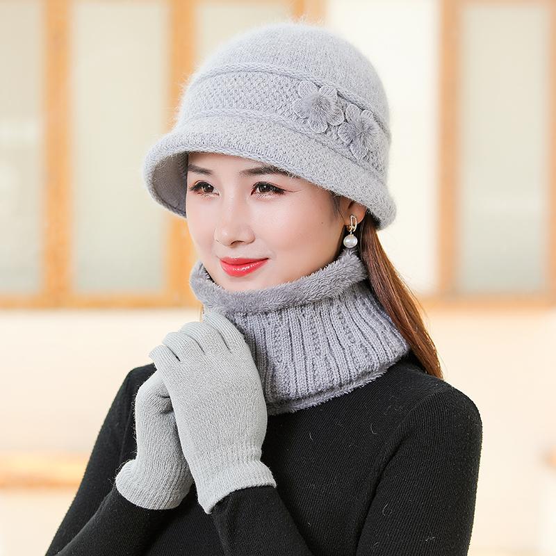 New Women Winter Hat Thick Warm Knitted Hat Scarf Gloves 2Pcs Set Fashion Hats Middle-Aged Mother Flowers Rabbit Fur Bucket Hat