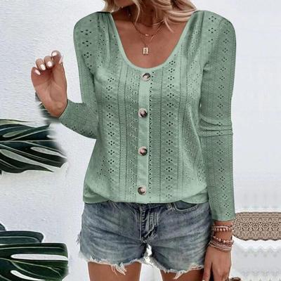 Spring Autumn Women Blouse Solid Color Jacquard Long Sleeve Button V Neck Tops