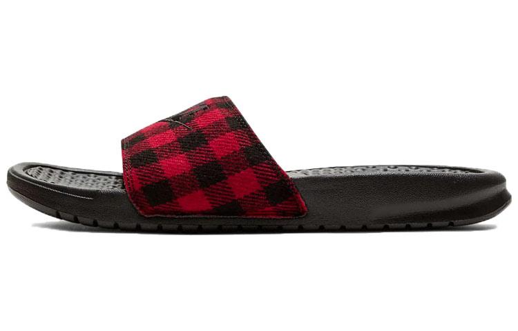 Nike Benassi Jdi Se Plaid Splicing Red Black Slippers  Red Black  Women s CK0626-001 40.5