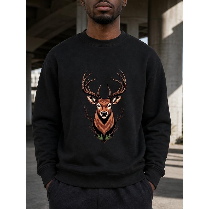 Men'S Fall Winter Fashion, Deer Graphic Print Pullover, Holiday Party Apparel, Casual Streetwear, Gift for Him, Comfortable Long Sleeve