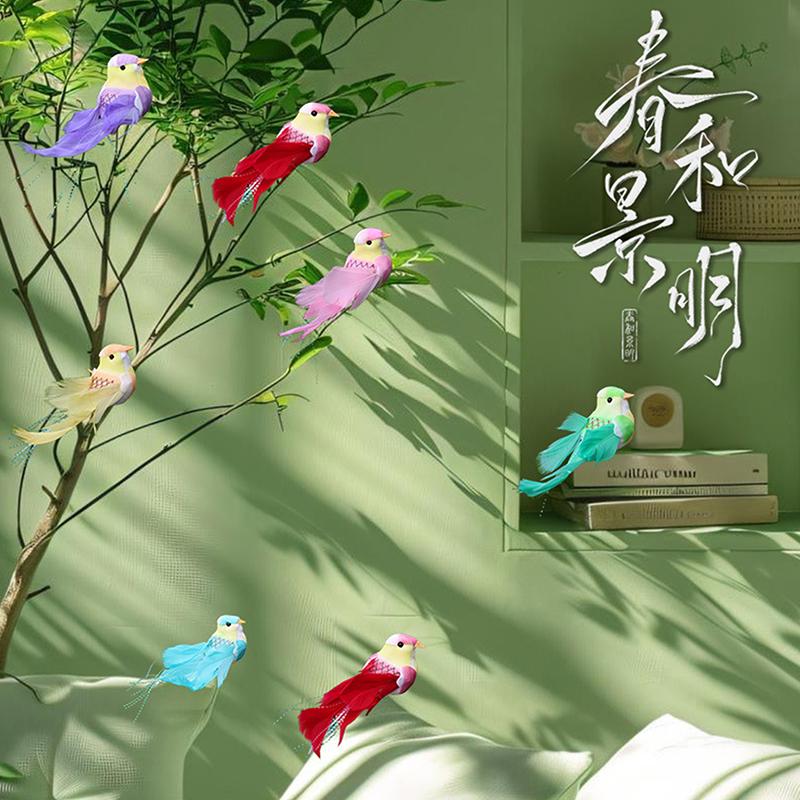 Simulated Long-Tailed Feather Bird Figurine Model Set Artificial Birds Ornament Colorful Feathered Home Garden Decoration