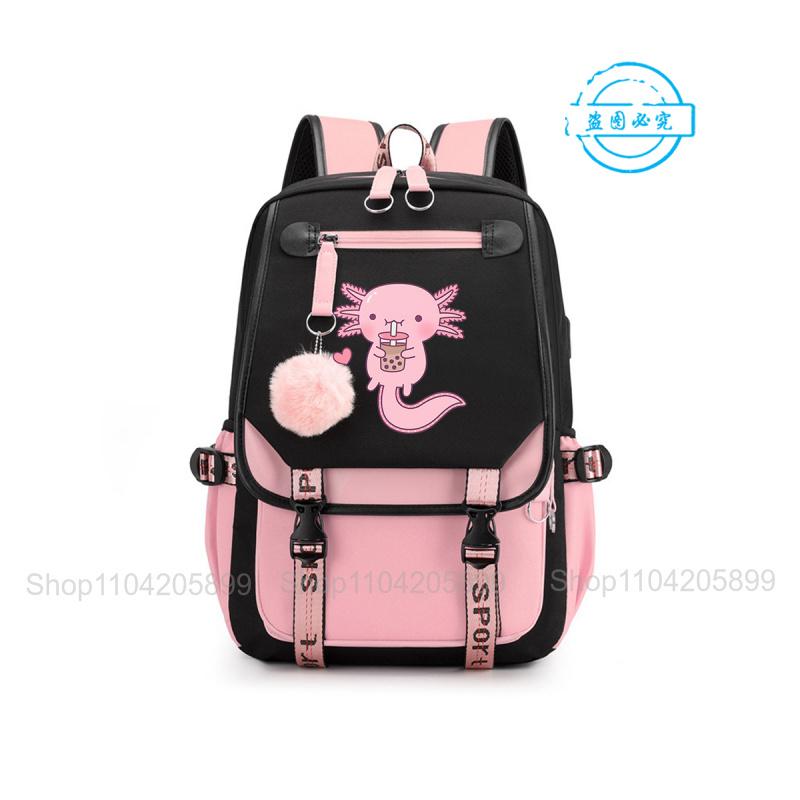 Boba Axolotl Rugzak, Spel Bubble Tea Student Schooltas Zachte Dagrugzak Casual Draagbare Rugzak voor Tienermeisjes 16 inches