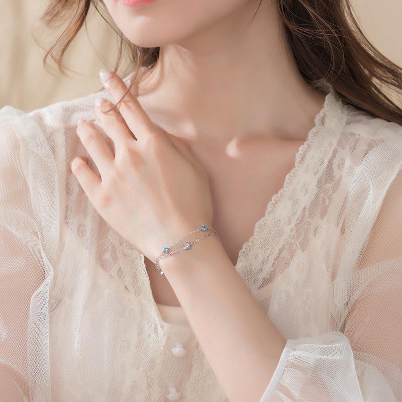 925 Silver Blue White Crystal Bracelets For Women Luxury Sparkling Double Layer Star Bracelets Elegant Jewelry