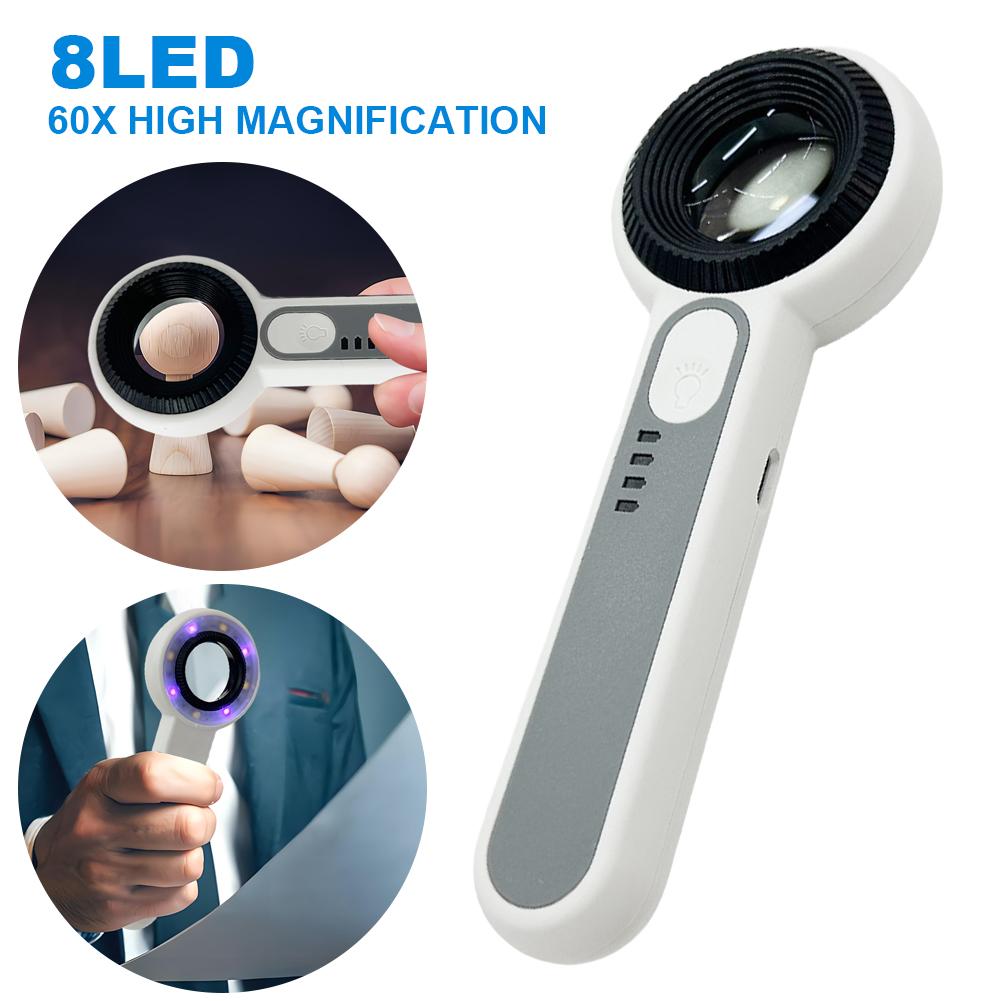 60X Handheld Magnifier with LED Light Portable Lighted Magnifier Rechargeable Illuminated Magnifying Glass for Reading Repair
