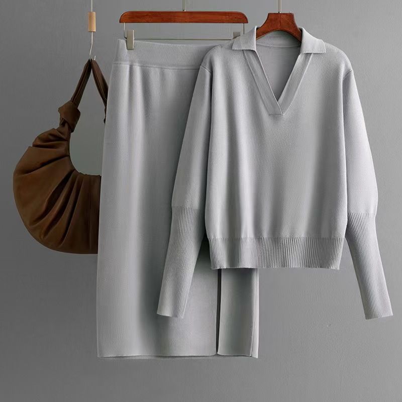 

Модный ветер Модный свободный трикотажный костюм Юбка Вязаный топ и юбка Костюмный набор Grey All yards