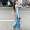 French Retro Blue Background Safflower Floral Dress for Women's Summer, One-word Shoulder Ruffle Edge, Waist and Thin, Fish Tail and Buttocks