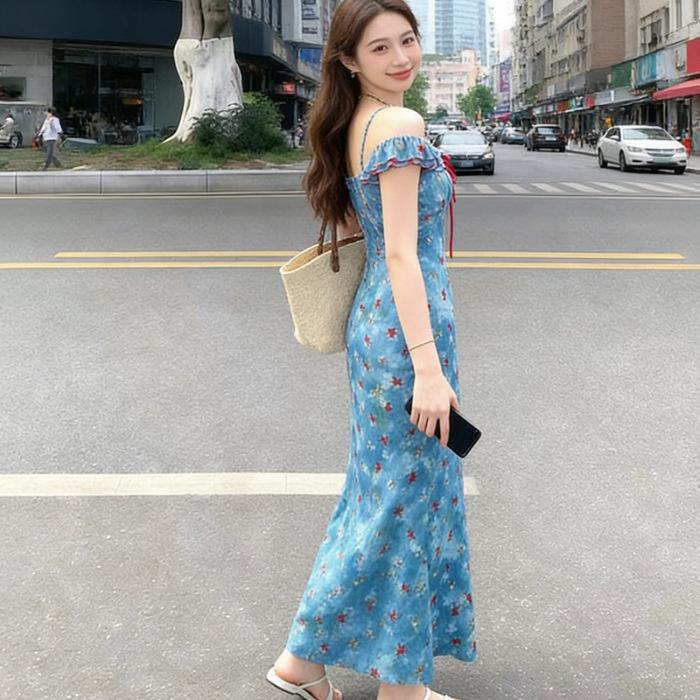 French Retro Blue Background Safflower Floral Dress for Women's Summer, One-word Shoulder Ruffle Edge, Waist and Thin, Fish Tail and Buttocks