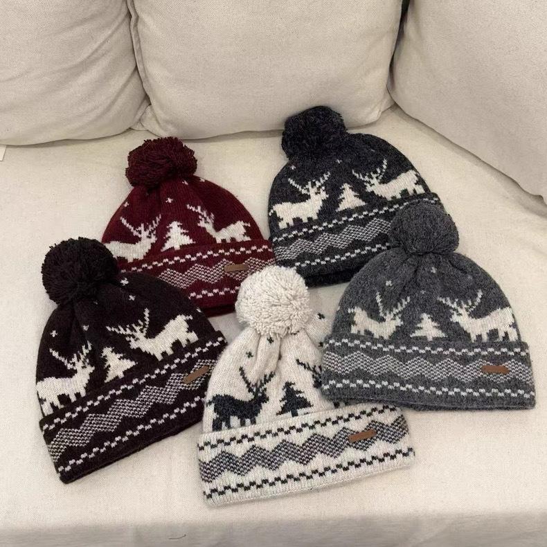 Red Deer Fur Ball Knitted Woolen Hat for Women New Autumn and Winter Face Showing Small Warm and Cold Proof Ear Protection Hat