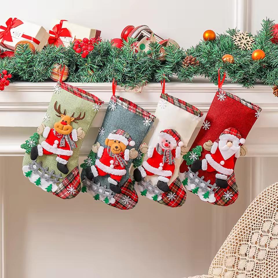 4pcs Christmas Stockings Socks Santa Snowman Hanging Xmas Tree Ornament Christmas Decor for Home New Year Navidad Candy Gift Bag