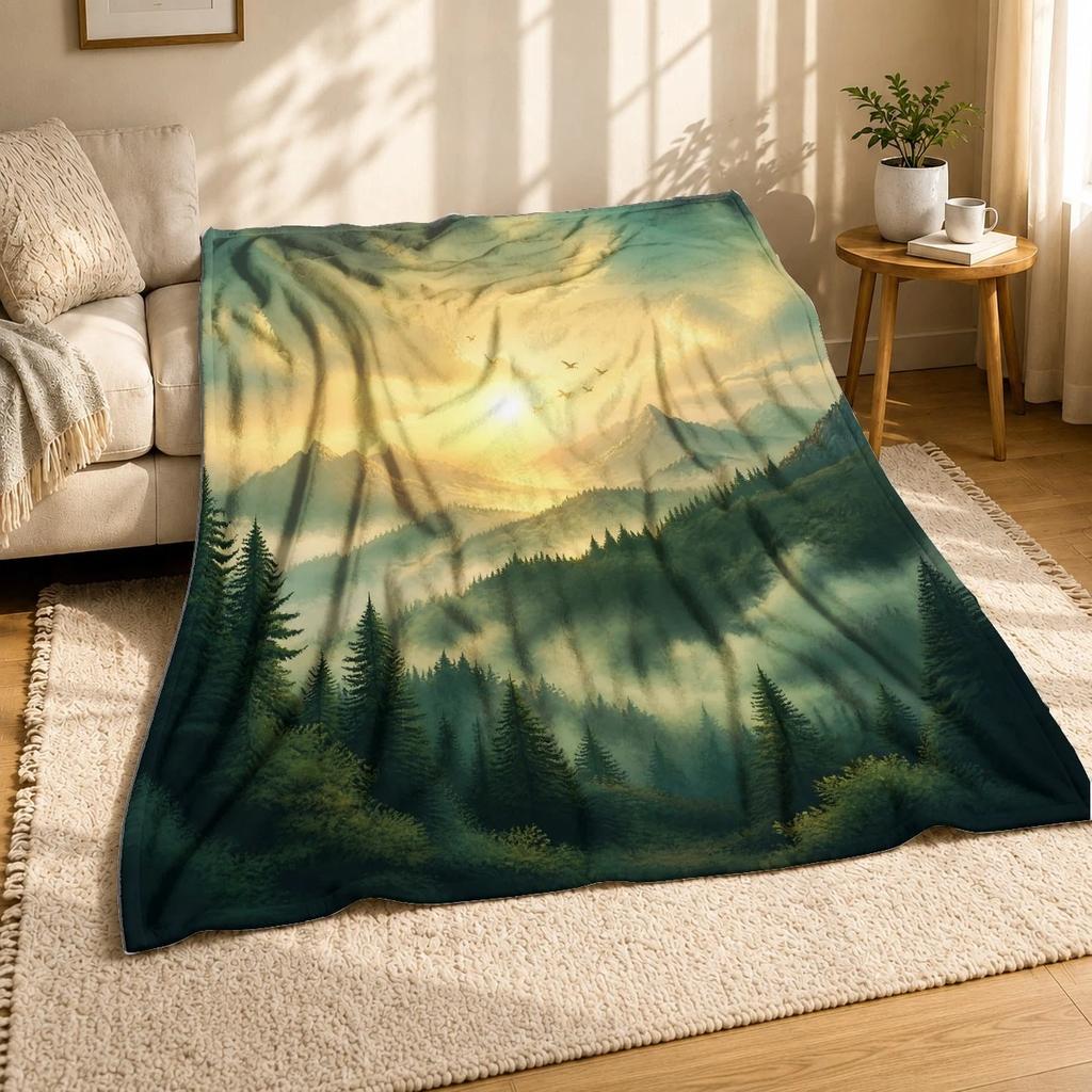 Misty Mountain Forest Sunrise Coral Fleece Blanket Nature Scene