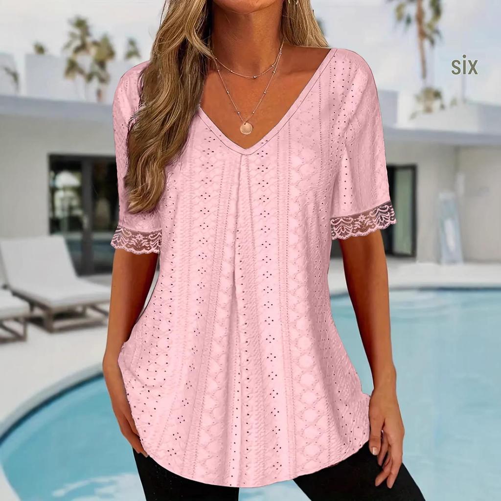 2025 European Women's V-Neck Lace Patchwork Knit T-Shirt