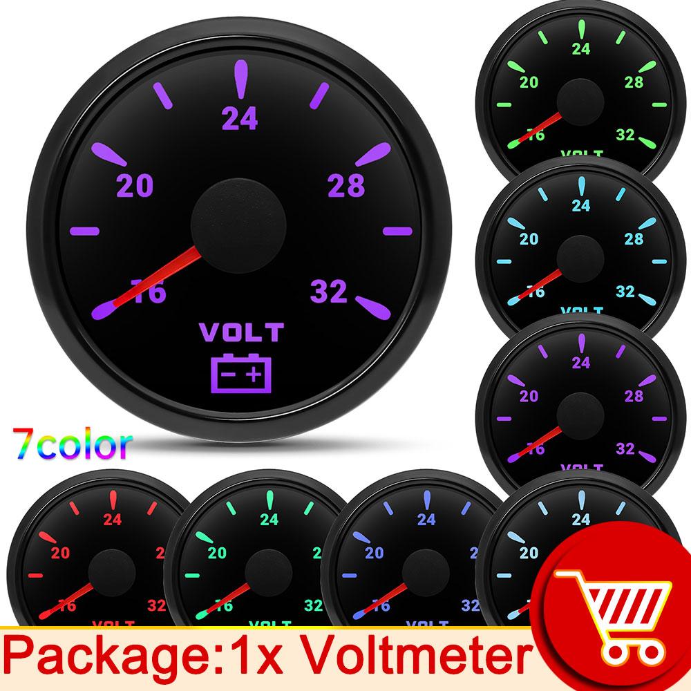 52mm Voltmeter 24V Electrical Car Truck Boat 16-32V with 7 Color Backlight 12V 24V for Car Boat Motorcycle Waterproof Volt Gauge