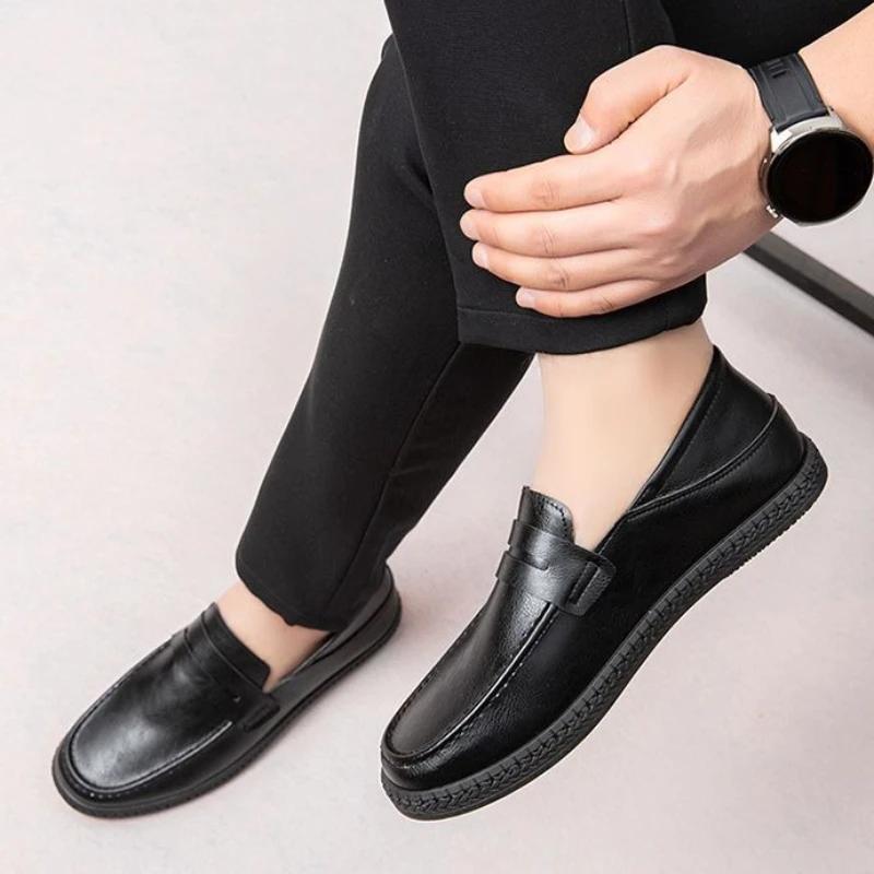 Non Slip Black Height Increasing Men's Leather Shoes Slip-on Classic Original Legitimate 2026 Trend Social Sale Male Casual Shoe