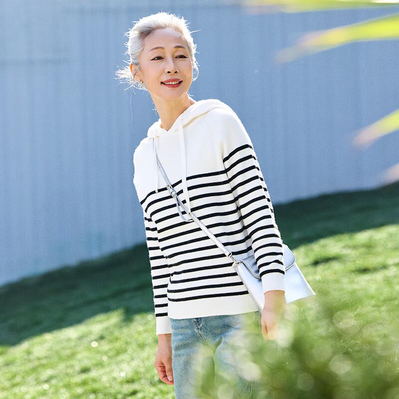 Mu Zi Women's Striped Hooded Knit Top