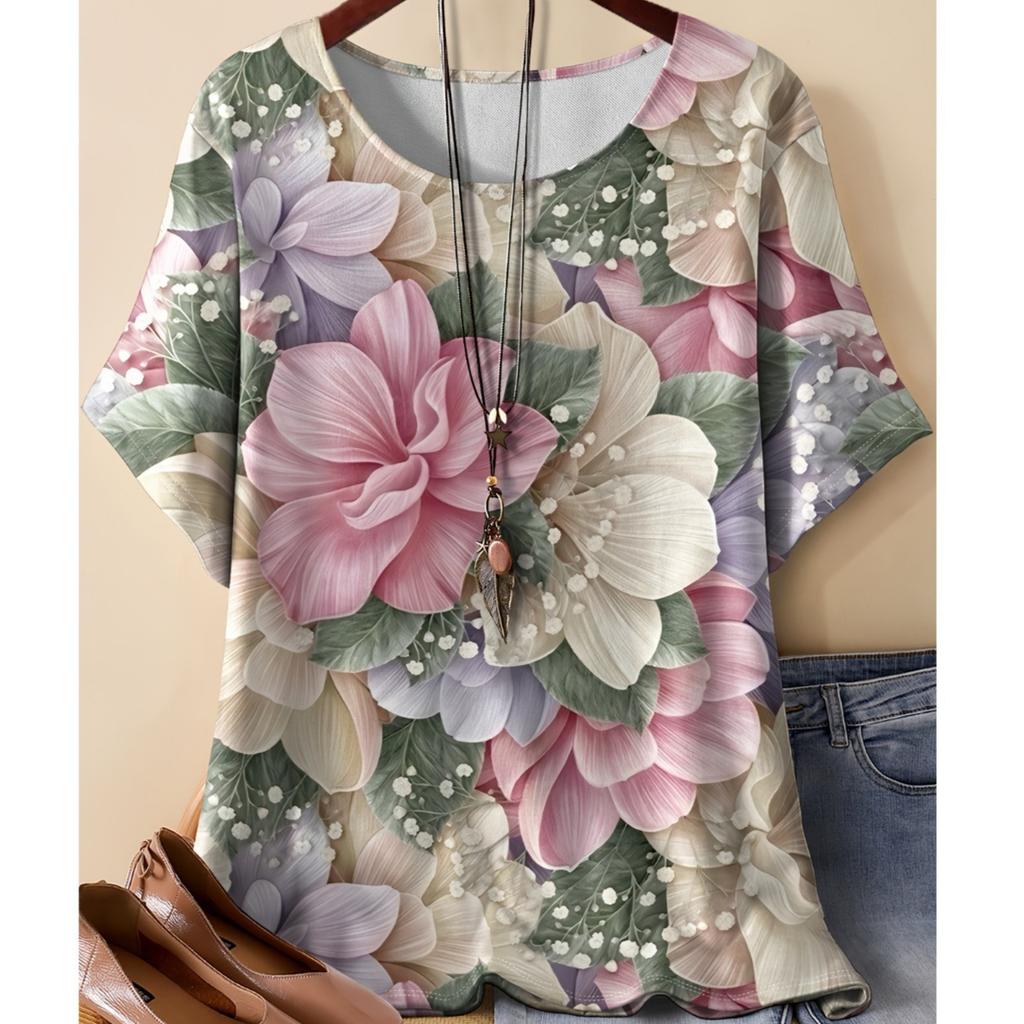 Summer Round Neck 3D Flower Pattern Print Top Fashionable Casual Short Sleeved Women's T-shirts