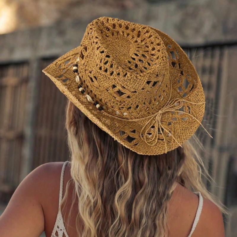 1pc Sombrero de Sol de Paja Calado con Conchas Estilo Boho, Sombrero de Playa de Vaquera Occidental, Adecuado Para el Día de la Madre, Pascua, Vacaciones, Sesión de Fotos