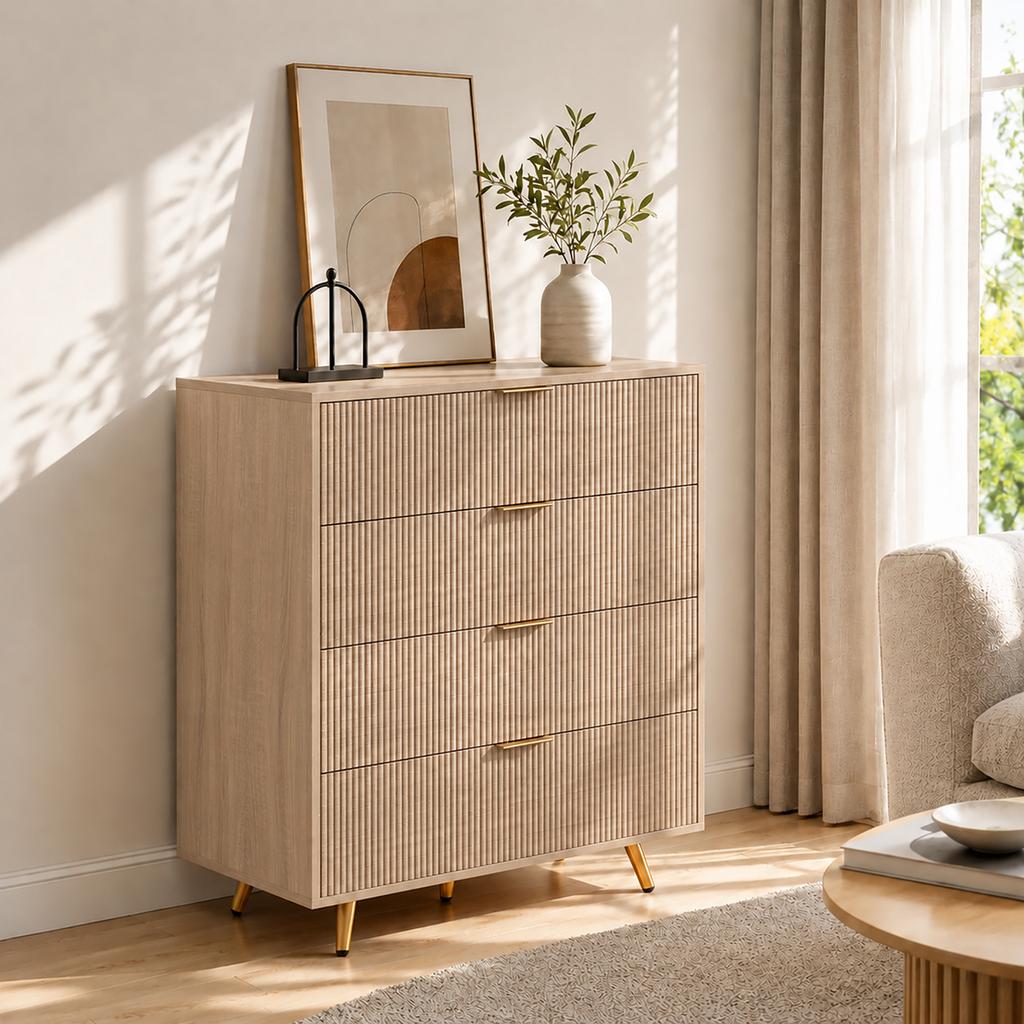 Bedroom Chest of Drawers Fluted Dresser Gold-Tone Handles Natural