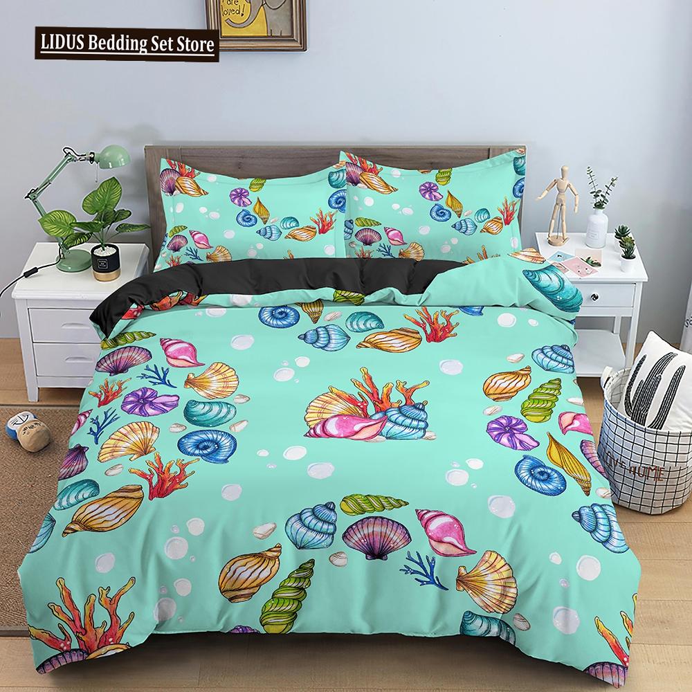 Комплект пододеяльника Ракушка Морская звезда Краб Морские животные Каваи Полиэстер Чехол для одеяла Для детей Мальчиков Девочек Постельное белье Комплект Кинг Полный размер