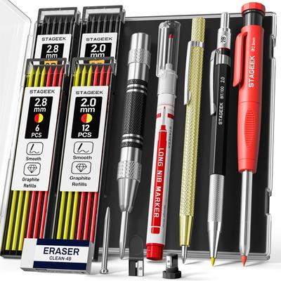 STAGEEK Construction Mechanical Pencil Mechanical Scribing and Leads and with Case 14-Piece Set 2.8mm Carpenter's Pencil, Pen, Punch, Marker, (Red,