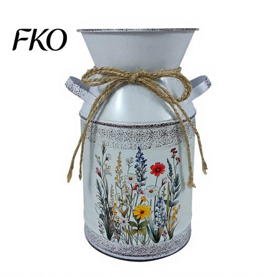 Farmhouse Decor Vase Vintage Iron Flower Bucket, Rustic White Double-Handle Metal with Floral Print & Jute Dried Holder Bow, Tabletop for