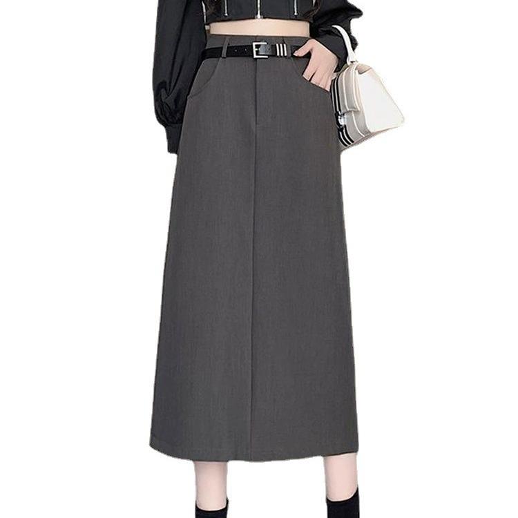 2024 Spring & Autumn High-Waist Slimming A-Line Midi Skirt - Black Versatile Split Skirt