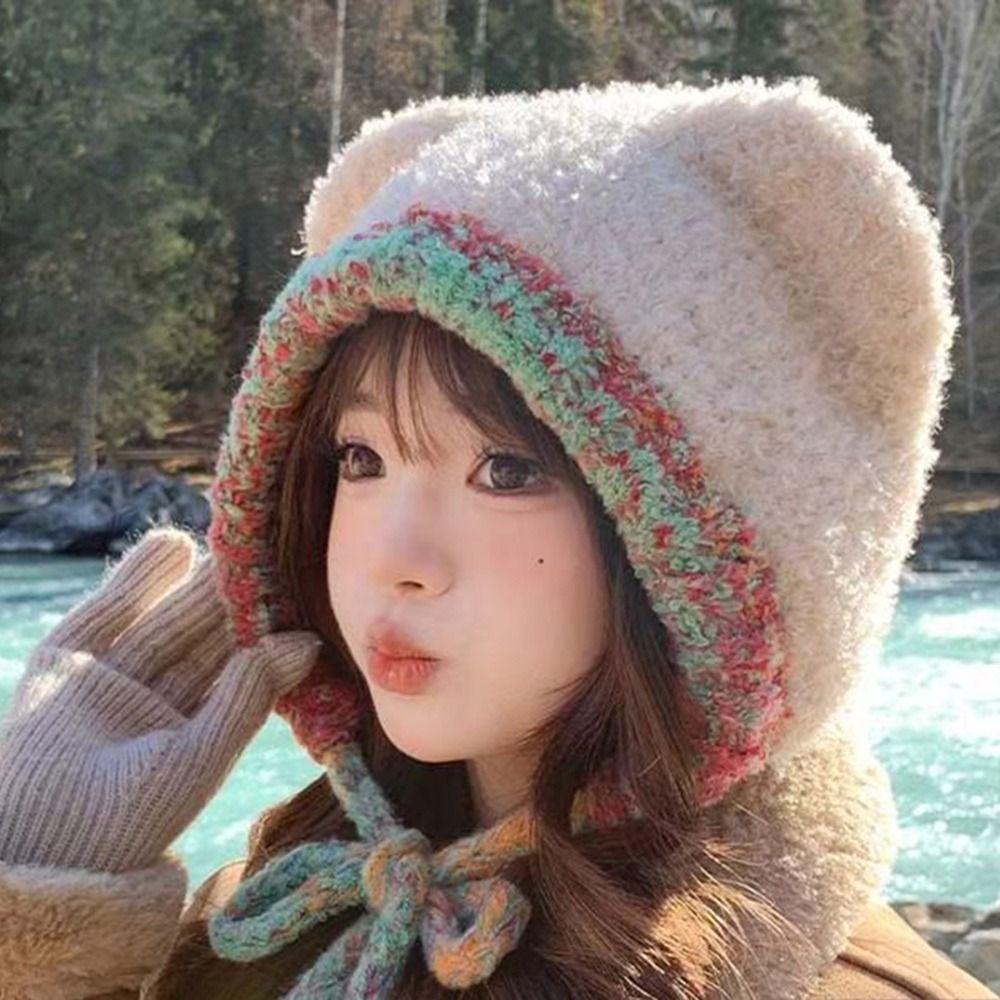 Fashion Bear Ear Knitted Woolen Hat Windproof Thickened Beanies Cap Keep Warm Ear Protection Cap for Women