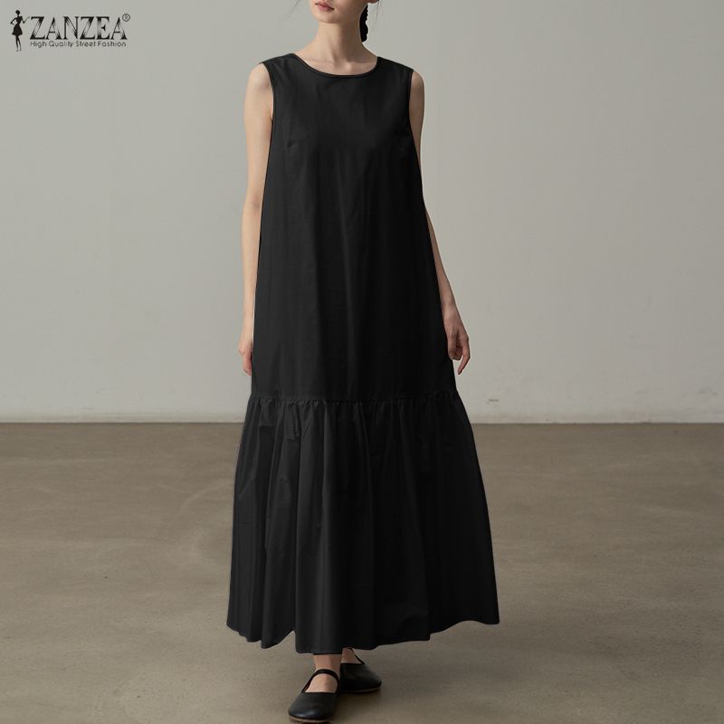 ZANZEA Women Daily Casual Round Neck Summer Sleeveless Long Dress