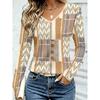 Autumn Women's 3D Stripe Printed V-Neck Long Sleeve T-Shirt Ethnic Style