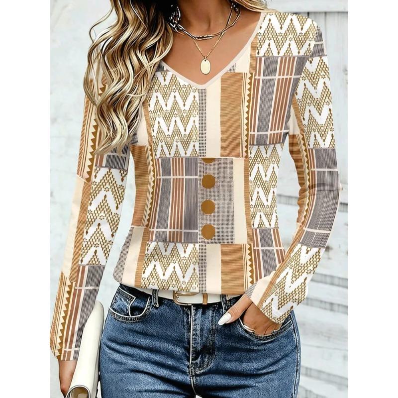 Autumn Women's 3D Stripe Printed V-Neck Long Sleeve T-Shirt Ethnic Style