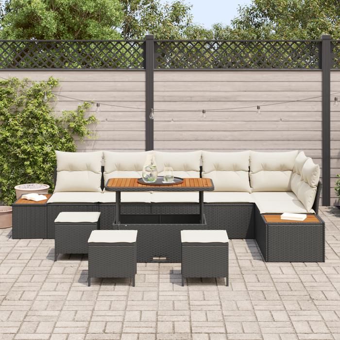 Canapés de Jardin 10 Pièces avec Coussins Noir Poly Rattan Acacia 3364890