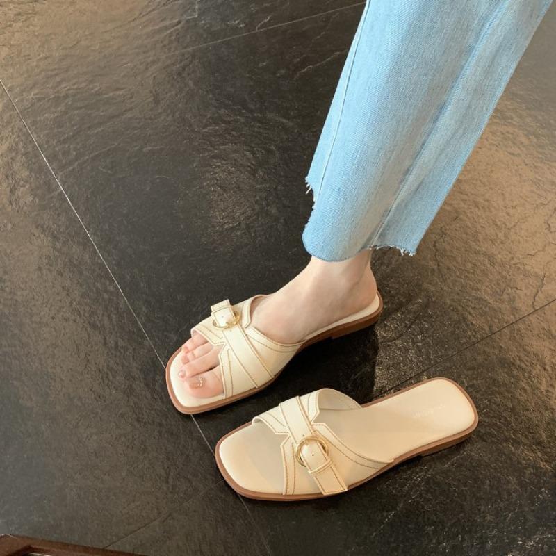 Schafleder Schuhe Damen Sommer tragen Nische diagonaler Schnitt eckige Zehenpartie helle Linie Gürtelschnalle flacher Boden coole Hausschuhe