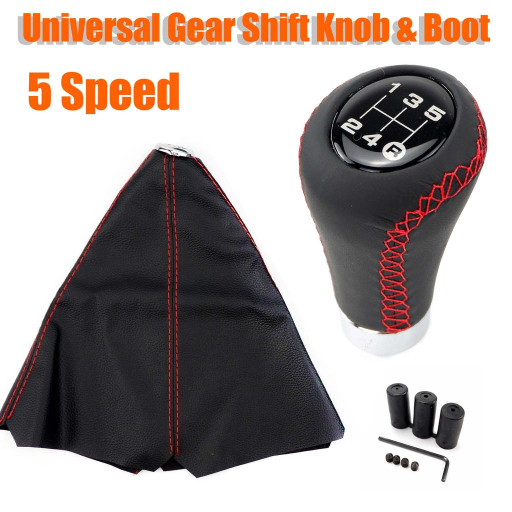 Universal Car Gear Shift Knob Gear Stick + Boot Set 5 / 6 Speed Manual Shifter Lever Black Red Line Stitche PU Leather