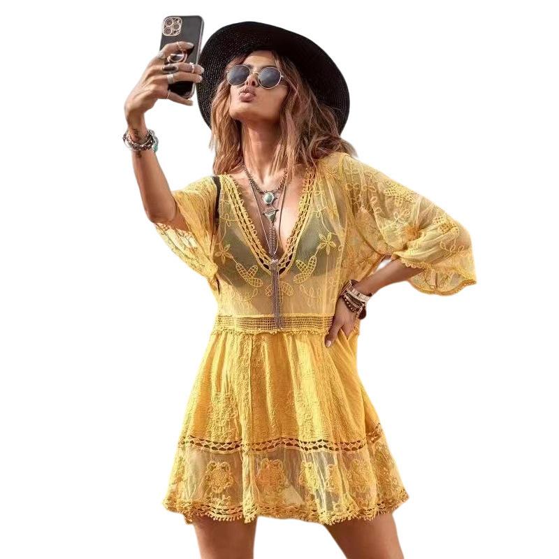 Dámské přikrývky Sexy krajková plážová sukně Jednobarevné Přímořské bikiny Vnější přikrývky proti slunci