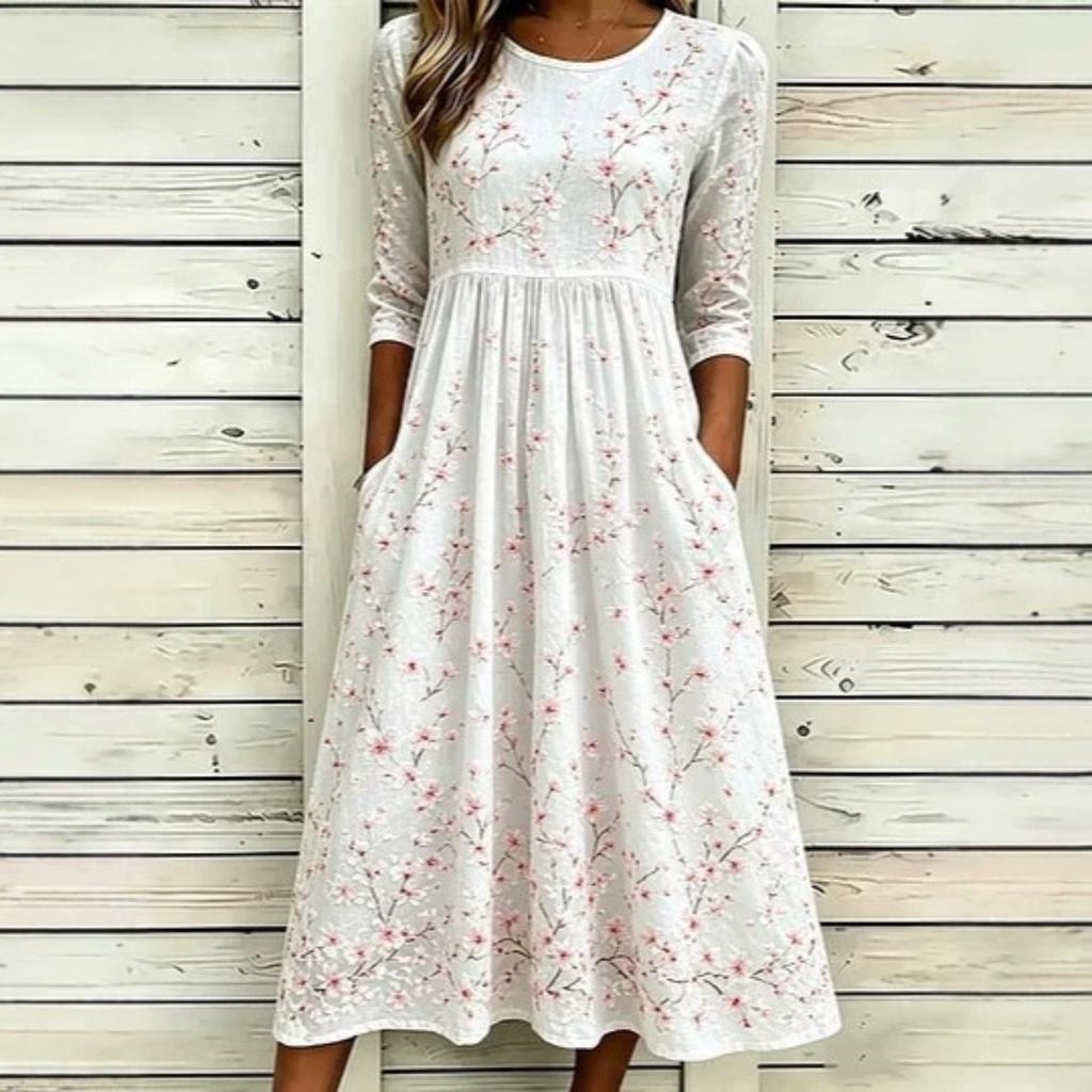 Women's Crew Neck Long Sleeve Loose Fit A-Line Midi Dress Casual 3D Floral Print