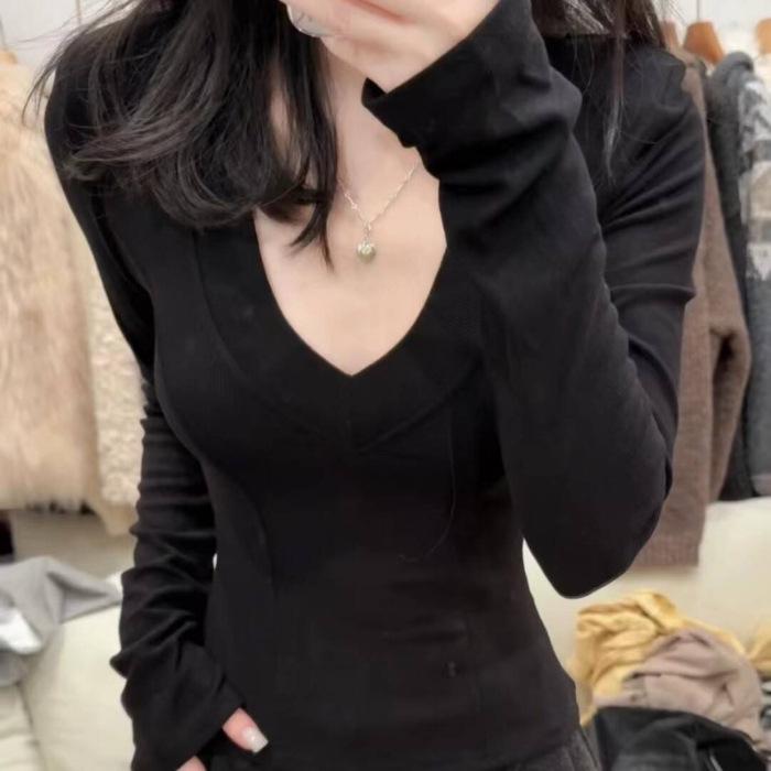 Yellow Cashmere Brushed V-Neck Slim-Fit Long-Sleeve Base Shirt for Women Medium