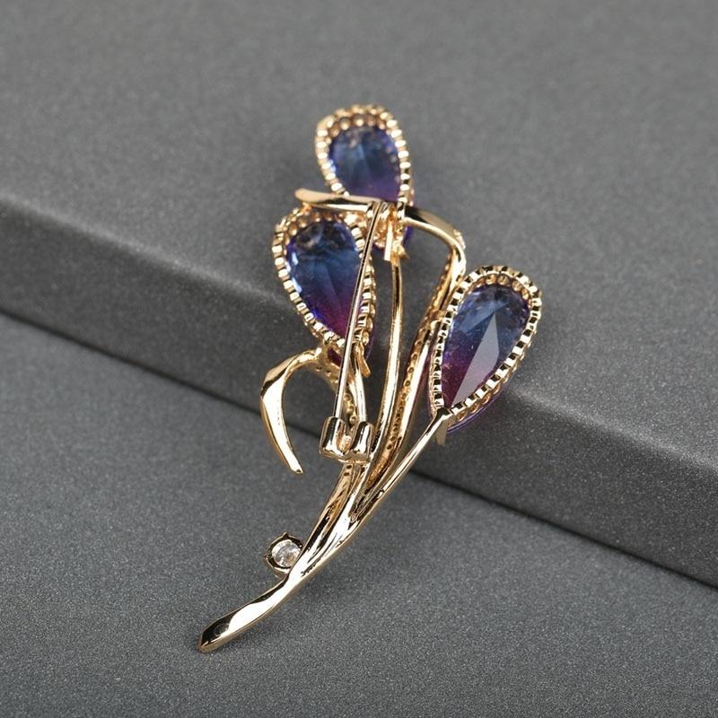 Flower Leaf Brooches Gold Pink Blue Rhinestone Wedding Bridal Bouquet Accessories Fine Copper Brooch