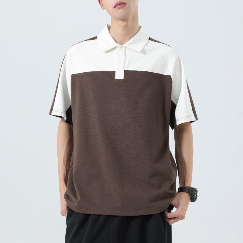 Men Color Block Patchwork Polo Shirt Collar Short Sleeve Loose Casual Retro Daily Street Summer Top
