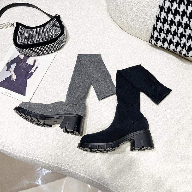 Socks boots women's new spring and autumn elastic boots over the knee thick heel pointed thin boots knitted socks shoes women