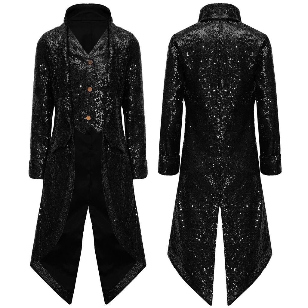 Chlapecký steampunkový frak gotický viktoriánský dlouhý kabát flitry bunda středověký halloweenský kostým frock coat outfit