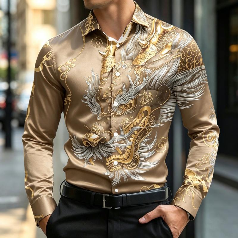 New Men's Long Sleeve Shirt Traditional Art 3D Printing Business Office Nightclub Wedding Casual Single breasted Men's Top