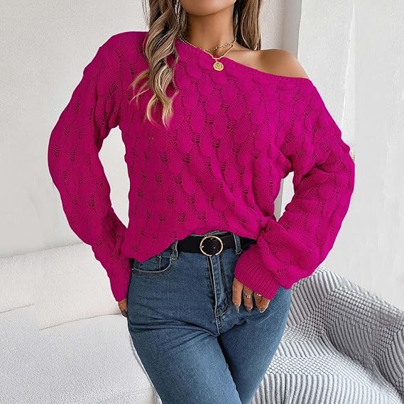 Женские вязаные джемперы-фонарики с длинным рукавом и одним плечом, свитер-пуловер, однотонный ажурный трикотаж, топы S розы красного