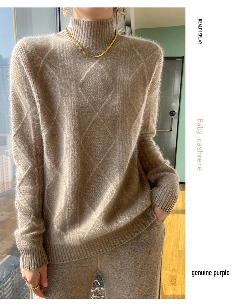 100% Pure Wool Women's Diamond Pattern Half-High Neck Sweater