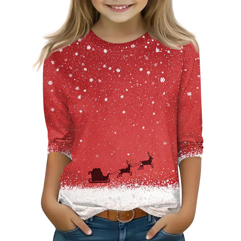 Christmas Day Print Tops For Youth Girls 4-11 Years Round Neck 3/4 Sleeves T-Shirts Trendy Tops Outfit Tees